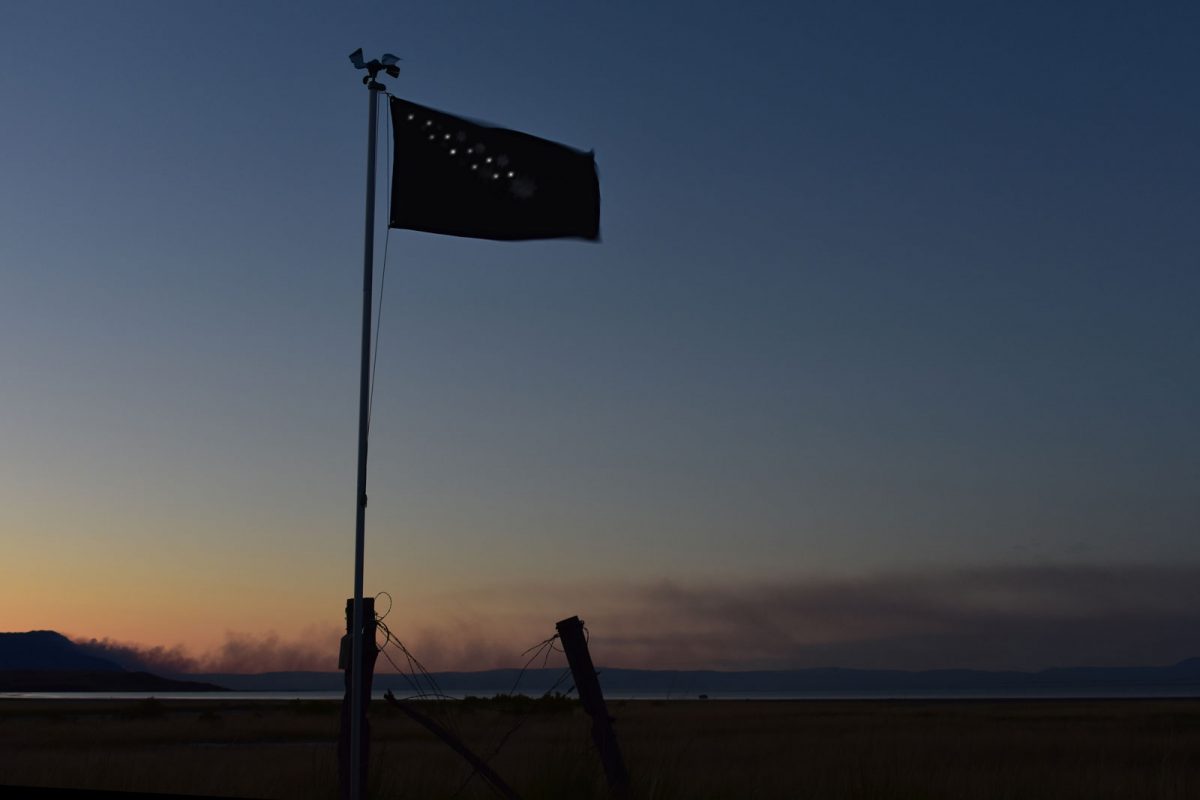 Chelyabinsk Flag at Playa, Summer Lake OR during wildfire (in background)